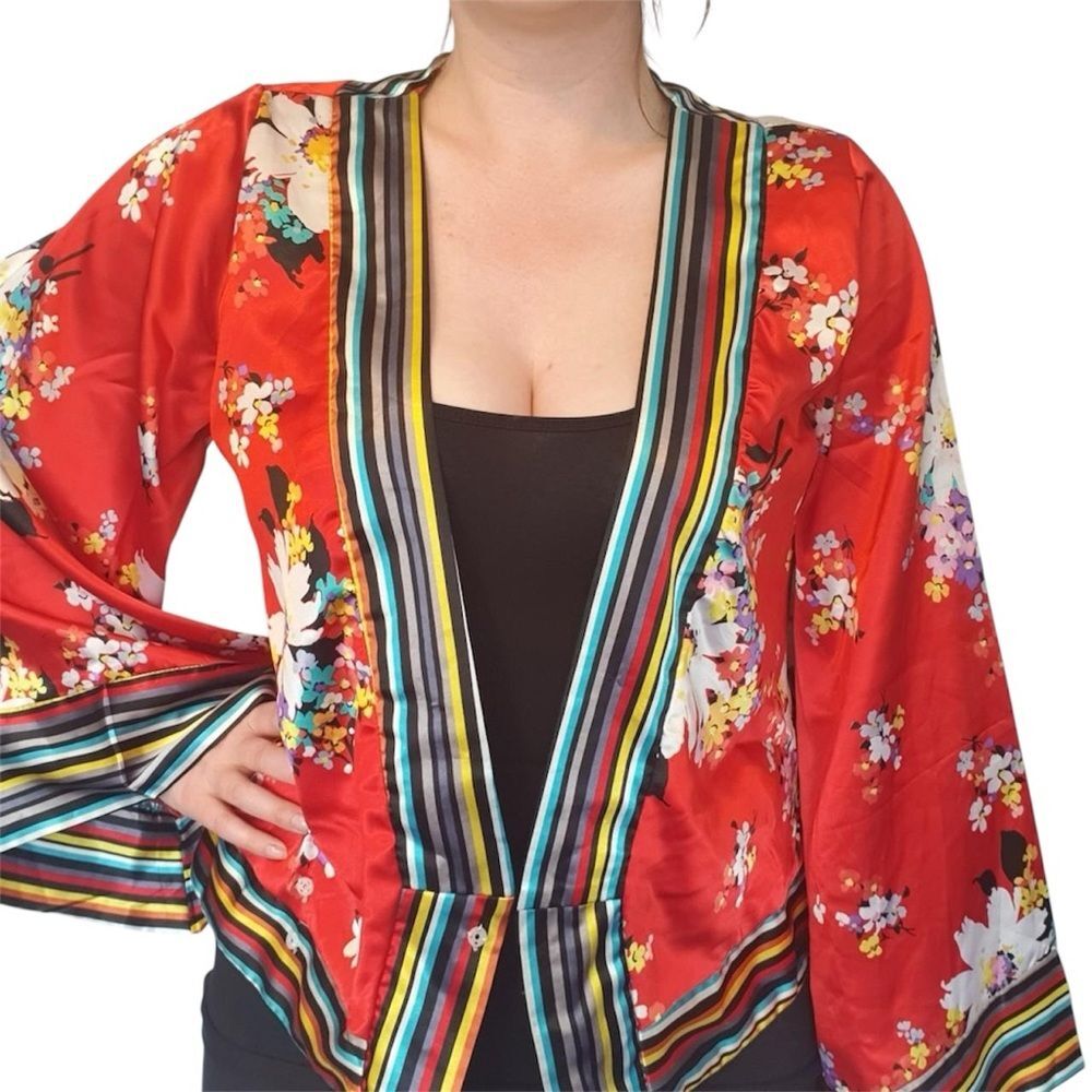 XXI Floral Satin Kimono Blouse Red Multicolor Striped Trim Boho Top Large